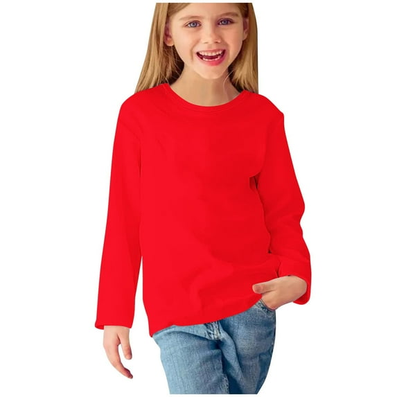 Hduncf Boys Girls Crewneck T-shirt Toddler Baby Basic Shirts Casual Solid Color Soft Long Sleeve Active Pullover Tshirts Red 3 Years