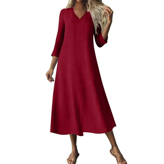 Hduncf Casual Cotton Maxi Dress for Women Trendy Summer Boho 3/4 Sleeve Cotton Linen Long Dress Elegant Dressy for Women Red XXL