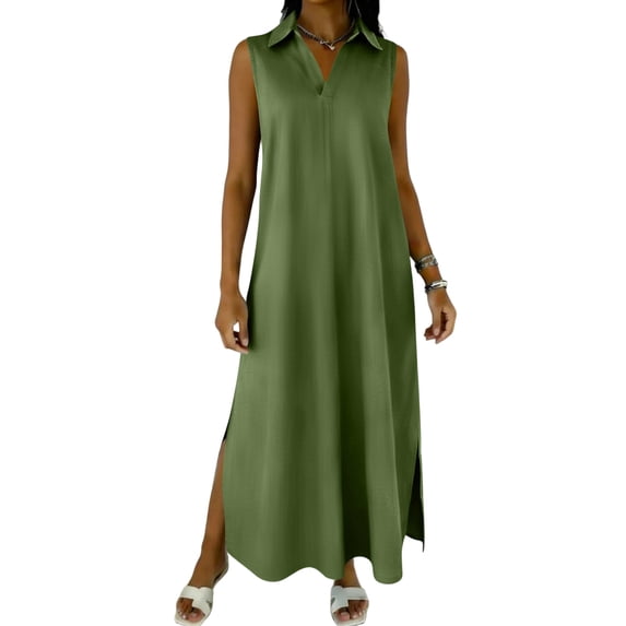 Hduncf Casual Dresses for Women Summer Sleeveless V Neck Cotton Linen Sundress Solid Color Collared Button Up Beach Maxi Dress Green XL
