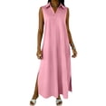 thumbnail image 1 of Hduncf Casual Dresses for Women Summer Sleeveless V Neck Cotton Linen Sundress Solid Color Collared Button Up Beach Maxi Dress Pink XXL, 1 of 5
