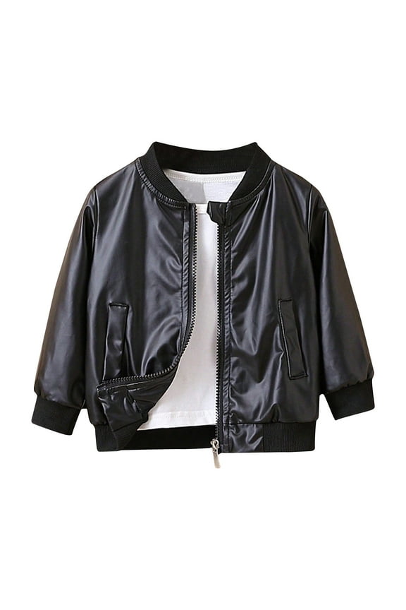 Children Boys Girls Motorcycle Faux Leather Coats Kids Bomber PU Soft Leather Jackets Lapel Zipper Coat Black 2 Years