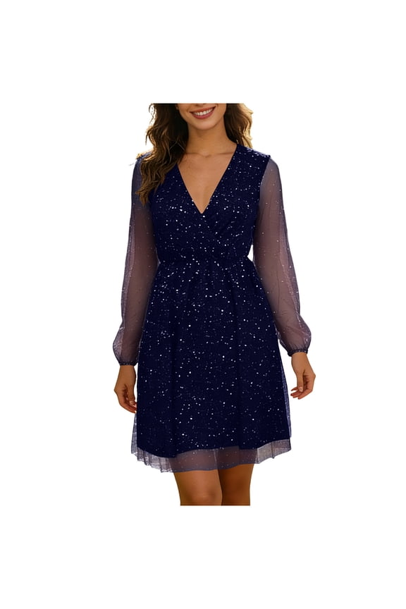 Cocktail Dresses for Women,2026 Elegant V Neck Mesh Patchwork Long Sleeve Holiday Party Dress,Flowy Ruched Formal Dress Blue M