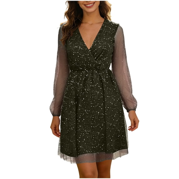 Hduncf Cocktail Dresses for Women,2026 Elegant V Neck Mesh Patchwork Long Sleeve Holiday Party Dress,Flowy Ruched Formal Dress Green L