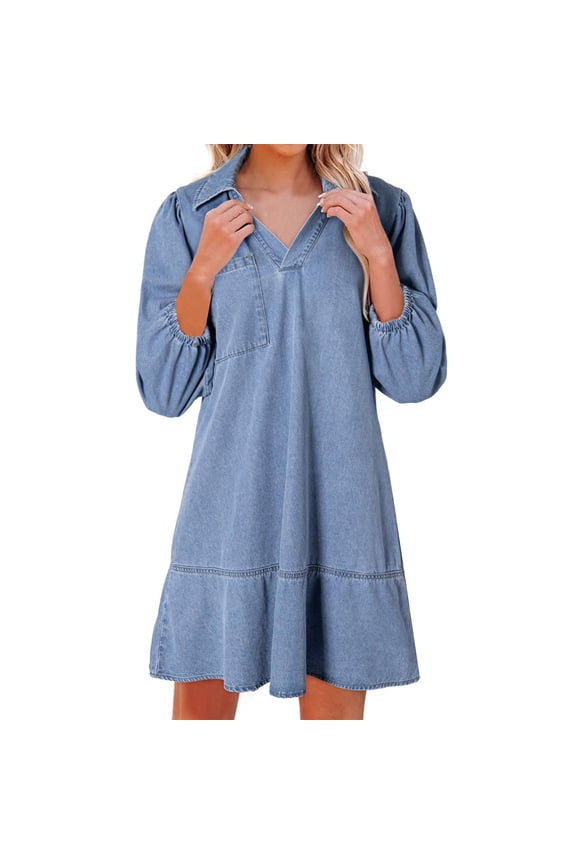 Denim Dress for Women Fashion Fall Casual Lapel V-neck 3/4 Puff Sleeve Jean Dresses with Breast Pocket Blue S