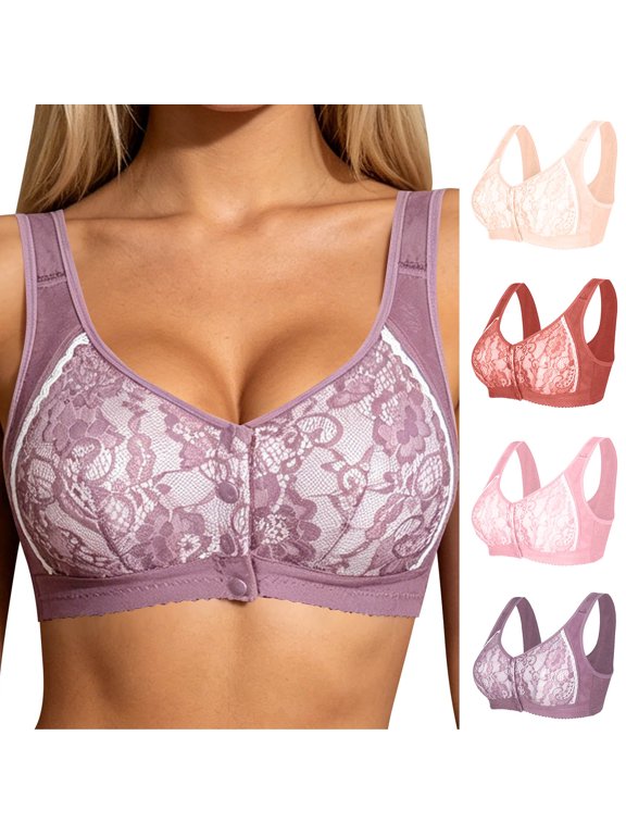 Floral Lace Bra for Women Front Closure Comfortable No Underwire Wide Strap Full Coverage Everyday Bras Beige 38