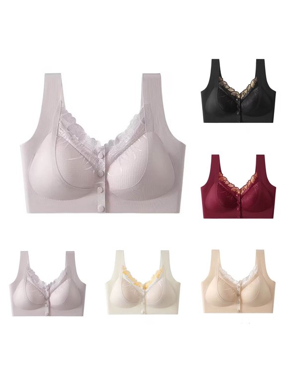 Front Closure Everyday Bra for Older Women Push Up Bra Wireless Bralette Wide Strap Full Coverage Gathered Breathable Bras Purple XL