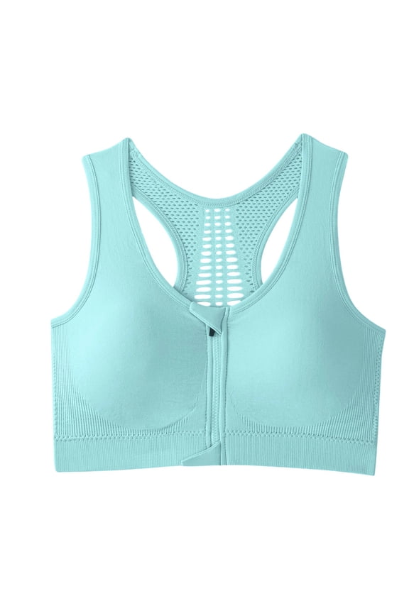 Front Zipper Sports Bras for Women Wirefree Underwear Front Closure Racerback Compression Thin Solid Color Yoga Bras Blue M