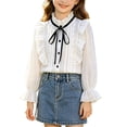 thumbnail image 1 of Hduncf Girl's Long Sleeved Shirt with Cute Lace Ruffle Collar Casual Sheer Mesh Button Up Blouse School Outfits White 3-4 Years, 1 of 9