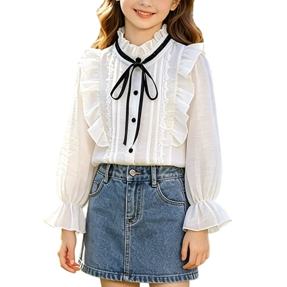 Hduncf Girl's Long Sleeved Shirt with Cute Lace Ruffle Collar Casual Sheer Mesh Button Up Blouse School Outfits White 3-4 Years