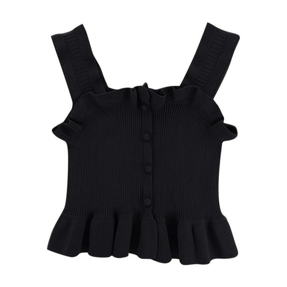 Hduncf Girls Ruffle Tank Tops Summer Ribbed Knitted Stretchy Camisole Button Wide Straps Soft Cute Comfortable Round Neck Tank Tops Black 140