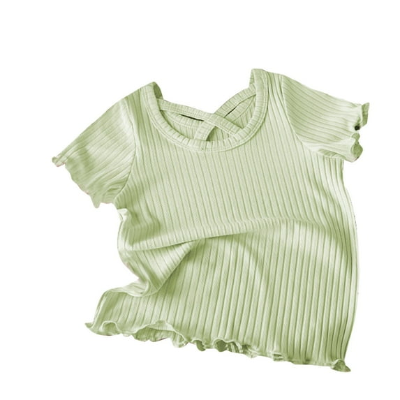 Hduncf Girls Short Sleeve Lettuce Trim Rib Knit Tee Shirt Crop Top Basic Solid Color Casual T-shirt Blouse for Girl Green 3 Years