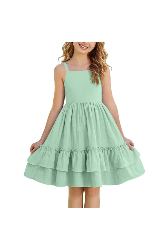 Girls Summer Dress Graduation Dance Flowy Teen Ruched Ruffled Layered Spaghetti Strap Swing Mini Dresses for 4-15 Years Green 14-15Years