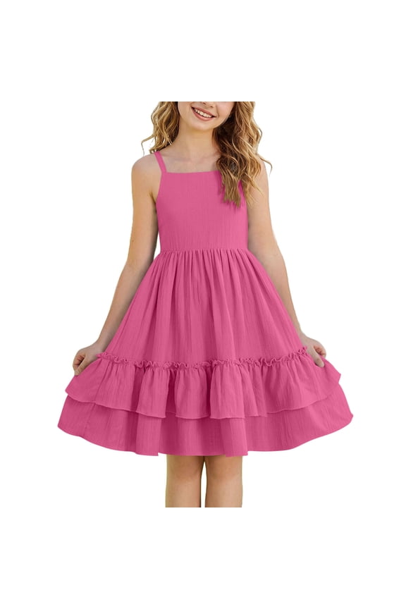 Girls Summer Dress Graduation Dance Flowy Teen Ruched Ruffled Layered Spaghetti Strap Swing Mini Dresses for 4-15 Years Pink 4-5Years