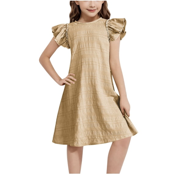 Hduncf Girls Summer Dress Ruffle Sleeve Flared Dress Textured Back Button Loose Round Neck Casual A-Line Swing Vacation Party Dress Khaki 10-11Years