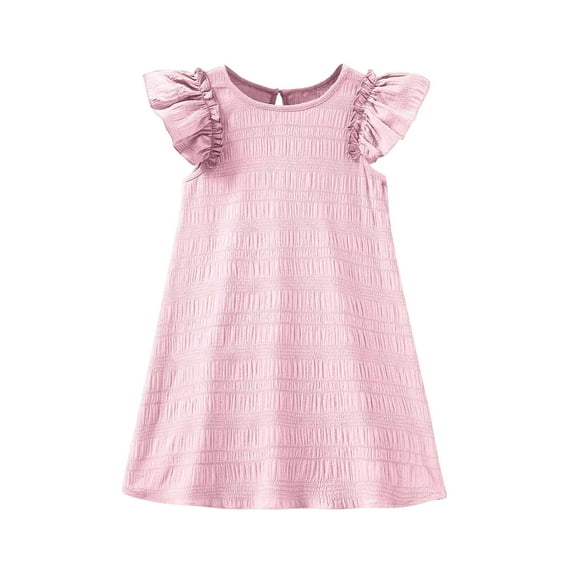 Hduncf Girls Summer Dress Ruffle Sleeve Flared Dress Textured Back Button Loose Round Neck Casual A-Line Swing Vacation Party Dress Pink 8-9Years
