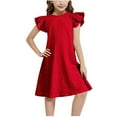 thumbnail image 1 of Hduncf Girls Summer Dress Ruffle Sleeve Flared Dress Textured Back Button Loose Round Neck Casual A-Line Swing Vacation Party Dress Red 14-15Years, 1 of 9