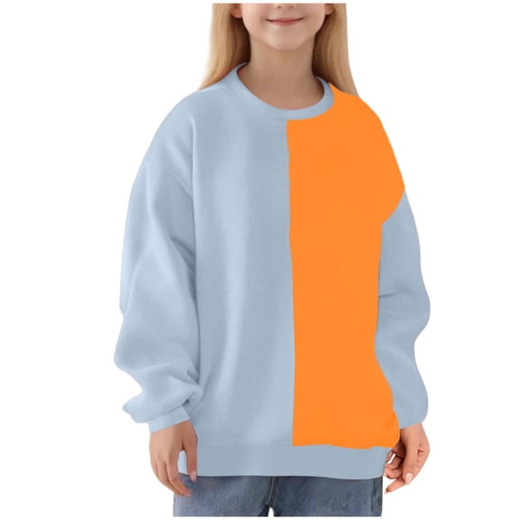 Hduncf Girls Sweatshirts Kids Crewneck Color Block Trendy Pullover Tops Fleece Long Sleeve Casual Sweatshirt Orange 9 Years