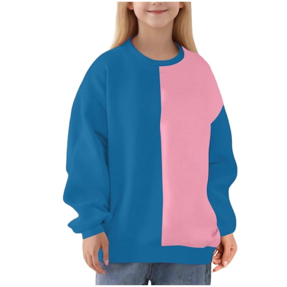 Hduncf Girls Sweatshirts Kids Crewneck Color Block Trendy Pullover Tops Fleece Long Sleeve Casual Sweatshirt Sky Blue 4 Years