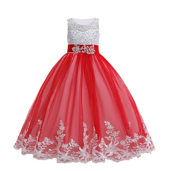 Hduncf Girls Tulle Dress Sleeveless Round Neck Elegant Embroidered Beaded Bow Back Princess Gown Birthday Party Gala Wedding Dress Red 10 Years