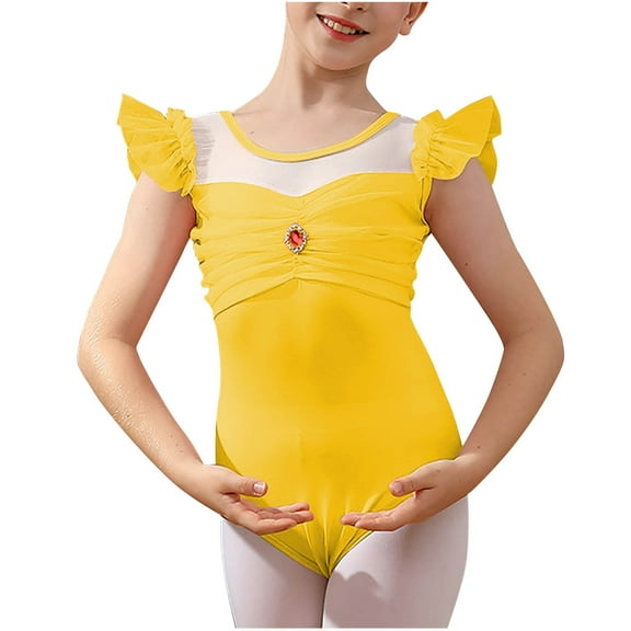 Hduncf Gymnastics Leotards for Girls Dance Leotard Ruffle Sleeve Ballet Outfit Size 2-15 Years Yellow 12 Years