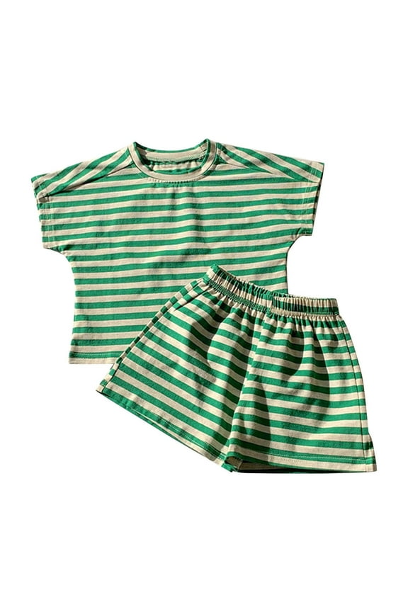 Kids Cotton Clothes Summer Boys Girls Stripe Outfit Set Short Sleeve T-Shirt & Shorts Set 18 Months-10 Years Green 2 Years