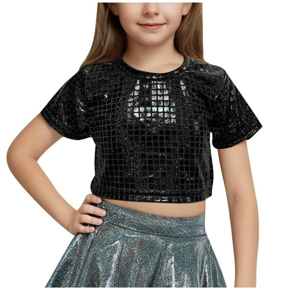 Hduncf Kids Girls Short Sleeve Glitter Metallic Dance Crop Tops Dance Wear Jazz Hip Hop Stage Performance T-Shirts Black 9 Years