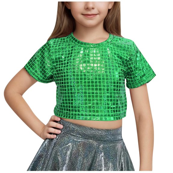Hduncf Kids Girls Short Sleeve Glitter Metallic Dance Crop Tops Dance Wear Jazz Hip Hop Stage Performance T-Shirts Green 8 Years
