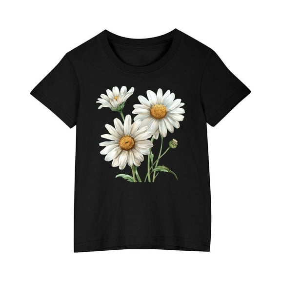 Hduncf Kids' Tees Crewneck Cotton Floral Print T-Shirts Boys Girls Short Sleeve Toddler Comfort Soft T-Shirt Top Black 4 Years