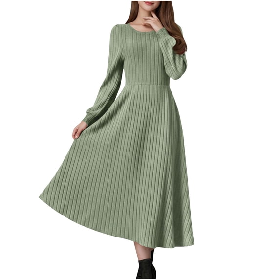Hduncf Lightweight Sweater Dress Fall Dresses Midi Dress Luxury Outfits for Women Round Neck Solid Color Casual Long Sleeved Dresses Green L