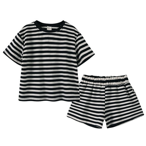 Hduncf Little & Big Boys Girls Striped Short Sleeve T-Shirt and Shorts Set - Soft Comfort Cotton 2-Piece Summer Clothes Black 7 Years
