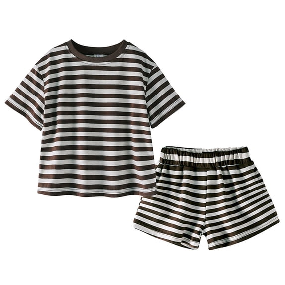 Hduncf Little & Big Boys Girls Striped Short Sleeve T-Shirt and Shorts Set - Soft Comfort Cotton 2-Piece Summer Clothes Brown 5 Years