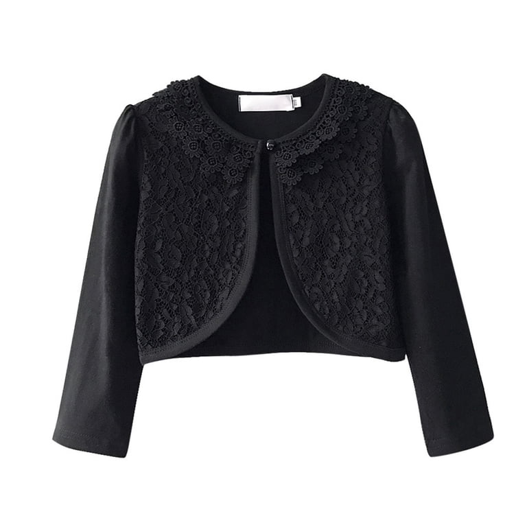Hduncf Little Girls' Long Sleeve Lace Bolero Cardigan Shrug Girls Shrugs Party Church Dress Cover Up Top Coat Black 5-6Years, Infant Unisex