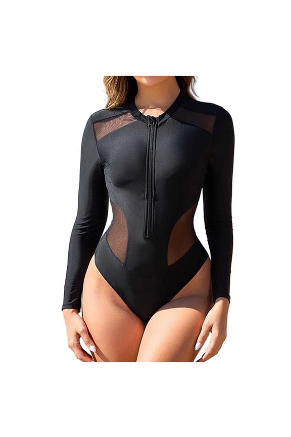 Long Sleeve Bodysuits for Women Mesh Bodysuit One Piece Swimsuit Tummy Control Thong Surfing Bathing Suit Black XL