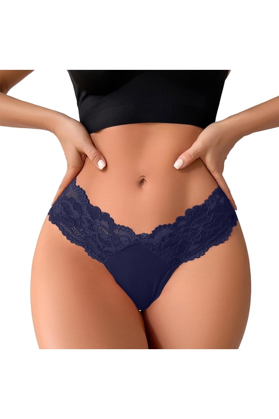 Low Waisted Lace Thong for Women Cotton Underwear V String Briefs Tummy Control Cheeky Thongs Panties Blue S