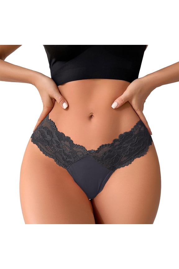 Low Waisted Lace Thong for Women Cotton Underwear V String Briefs Tummy Control Cheeky Thongs Panties Gray M
