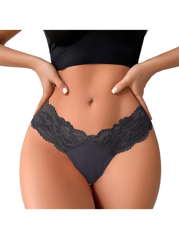 Low Waisted Lace Thong for Women Cotton Underwear V String Briefs Tummy Control Cheeky Thongs Panties Gray S