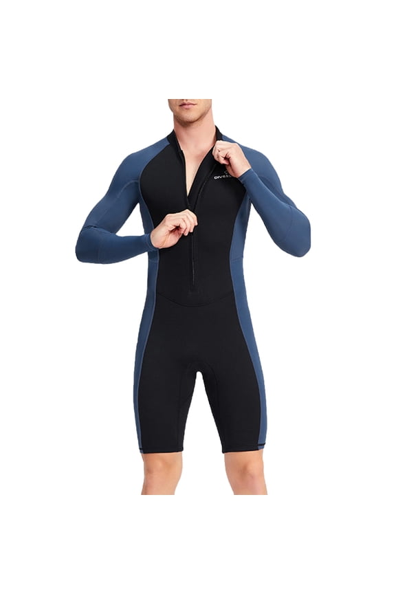 Mens One Piece Surfing Suit Long Sleeve Front Zip Sun Protection Wetsuit with Shorts Diving Suit for Swimming Surfing Blue XXXL