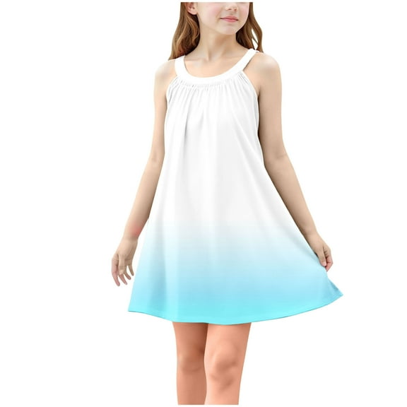 Hduncf Mini Dress for Girls Trendy Gradient Print Swing A-Line Dress Casual Summer Sleeveless Round Neck Flowy Beach Sundress Blue 4 Years