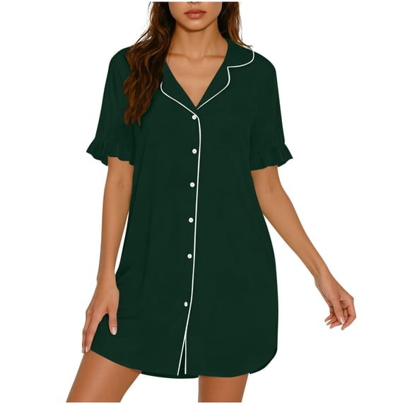 Hduncf Nightgowns for Women Button Down Sleepshirt Short Sleeve Nightshirt Soft Comfort Breathable Pajamas V Neck Nightdress Green L