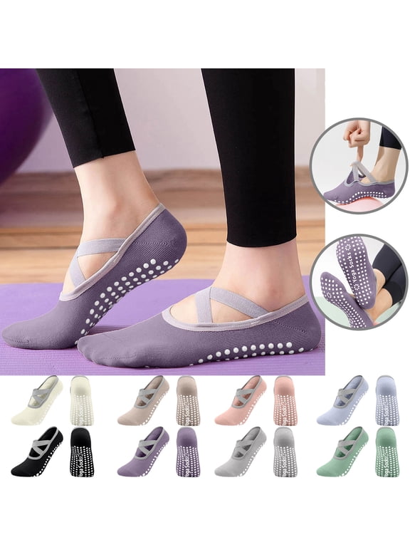 Non-slip Grips Pilates Cotton Socks For Women Ankle Straps Yoga Dance Gripper Workouts Anti Skid Sock Purple Free Size