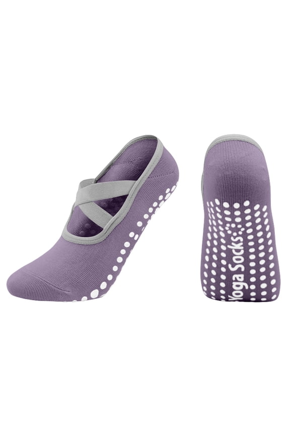 Non-slip Grips Pilates Cotton Socks For Women Ankle Straps Yoga Dance Gripper Workouts Anti Skid Sock Purple Free Size