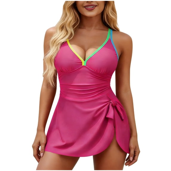 Hduncf One Piece Swim Dress Women Tummy Control Bathing Suits Summer High Waisted V Neck Beach Vacation Swimsuit Pink S