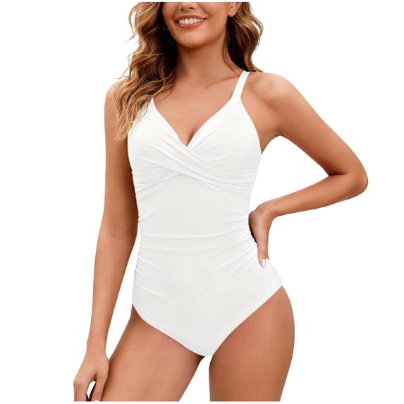Hduncf One Piece Swimsuit Women Ruched Twist Front Padded Modest Full Coverage Swim Bathing Suit Swimwear Swimsuits White L