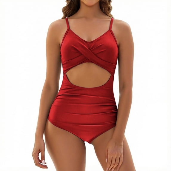 Hduncf One Piece Swimsuit for Women Tummy Control Bathing Suits Full Coverage Swimwear Twist Front Ruched Swim Suits for Women Red M