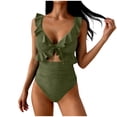 thumbnail image 1 of Hduncf One Piece Swimsuit for Women Tummy Control Ruffle Bathing Suit Solid Color V Neck Ruched Swim Suit Slimming Cutout Swimwear Green L, 1 of 7