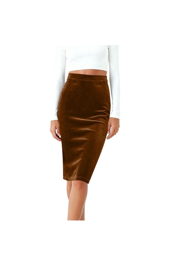 Pencil Skirt for Women Stretch High Waist Velvet Skirts with Back Split Below Knee Midi Work Office Formal Party Brown S