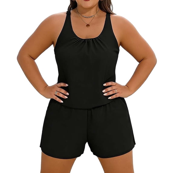 Hduncf Plus Size Swim Romper Swimsuits for Women One Piece Bathing Suit Shorts Swim Suit with Pockets Black M