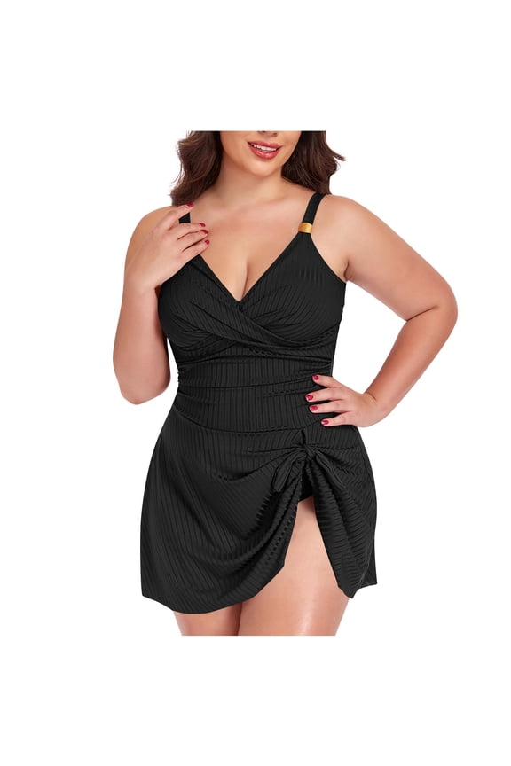 Plus Size Swimdress for Women's Sleeveless Deep-V Neck Sling Mini Dress Summer Fashion Twist Front Sundress Swimsuit Black XXL
