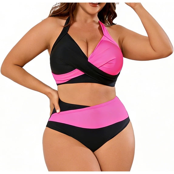 Hduncf Plus Size Two Piece Swimsuit Women High Waisted Bikini Set Color Block Tummy Control Bathing Suits Pink XXXXL