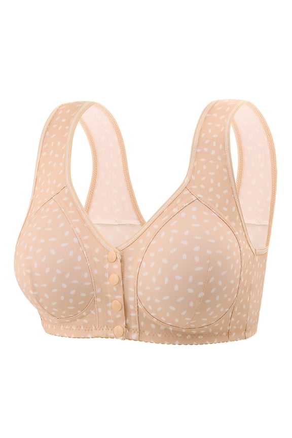 Printed Bras for Older Women Senior Wireless Front Snap Cotton Bras Full Coverage Breathable Push Up Bra Beige 50